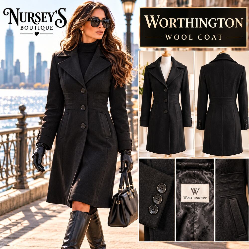 Worthington Black Wool Blend Tailored Princess Coat Womens 19" PTP